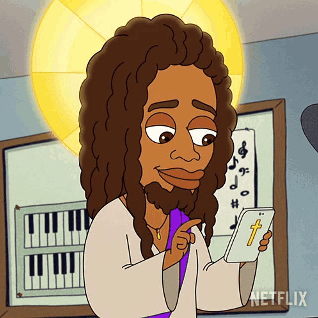 a cartoon of jesus holding a phone with netflix written on the bottom