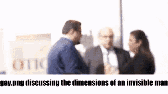 a blurred image of a group of people talking with the caption gay.png discussing the dimensions of an invisible man