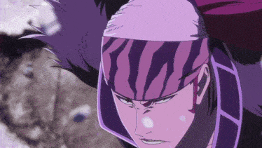 a purple and black anime character with a zebra print headband