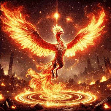 a phoenix is surrounded by flames and a circle of fire