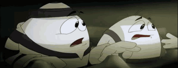 two cartoon eggs are standing next to each other and one has a scared look on his face