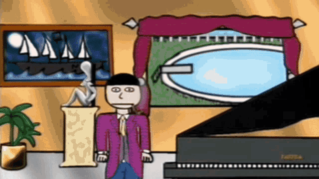 a cartoon of a man standing in front of a piano that says yamaha