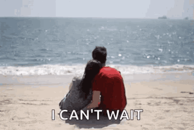 a man and a woman are sitting on the beach hugging each other .