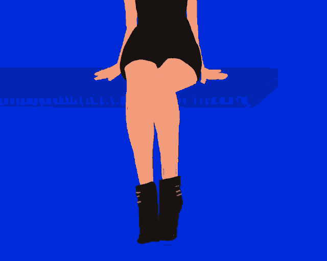a woman in a black dress and black boots is sitting on a blue surface