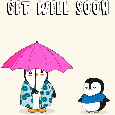 a penguin holding an umbrella next to another penguin that says get well soon