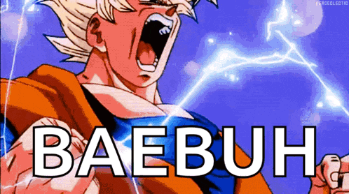 a cartoon of a man screaming with the words baebuh written in white