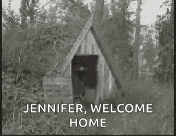 a black and white photo of a dog house with the words jennifer welcome home on the bottom