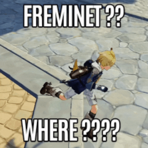 a video game character is running down a sidewalk with the words " freminet ?? where ?? "