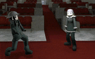 a cartoon character with a helmet on stands in a room with red seats
