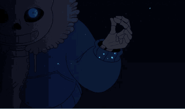 a drawing of a skeleton with blue eyes and a blue sweater