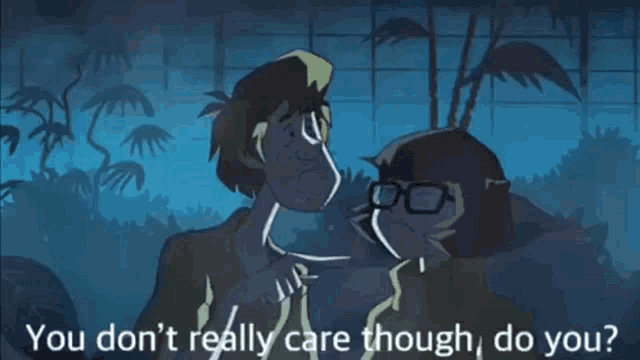 a cartoon of scooby doo and velma saying " you don 't really care though do you "