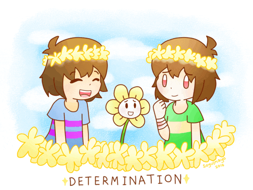 a drawing of two girls with flowers in their hair and the words determination