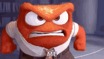 an angry cartoon character from inside out is standing in a room .