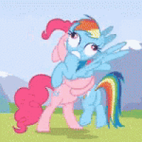a cartoon of pinkie pie and rainbow dash standing next to each other in a field .