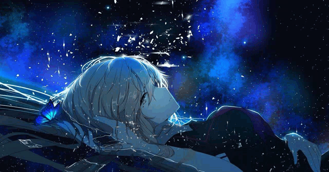 a girl with a blue butterfly in her hair is laying down in the dark