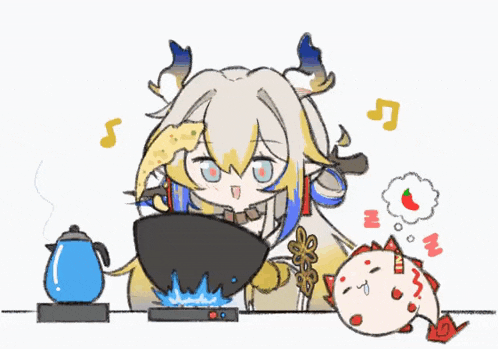 a cartoon of a girl cooking on a stove next to a dragon