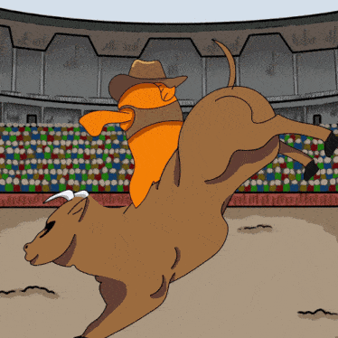 a cartoon of a person riding a bull in a rodeo arena