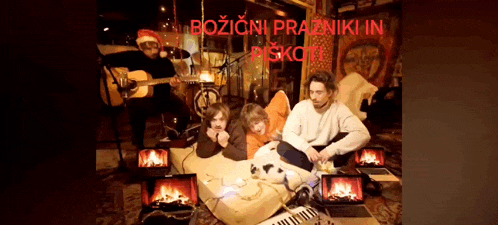 a group of people are sitting in front of a fireplace with the words bozicni prazniki in piskoti written on the bottom