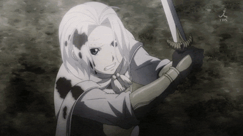 a black and white drawing of a person holding a sword with the letters tbs in the background