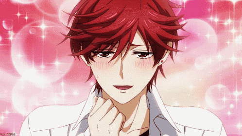 a close up of a red haired anime character 's face with a pink background behind him that says yukimepig