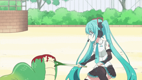 hatsune miku is kneeling down next to a green monster with blood coming out of it 's mouth