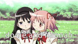 a couple of anime girls standing next to each other with the words dome and hannah written on the bottom