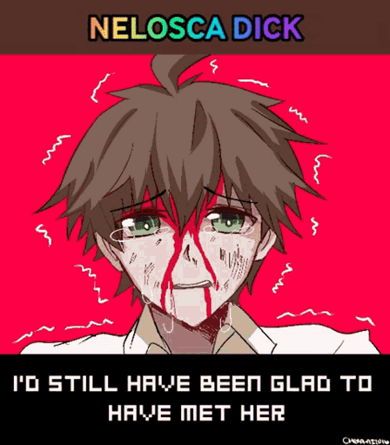a drawing of a boy with blood coming out of his nose with nelosca dick written above him