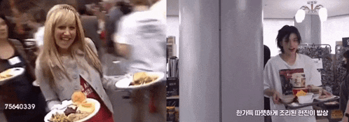 a woman is holding a plate of food with the number 75640339 on the bottom