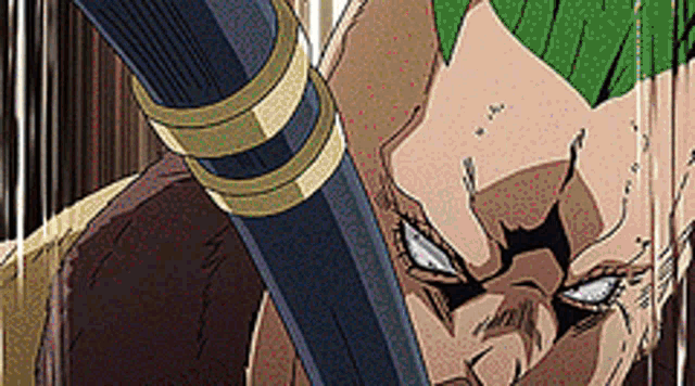 a man with green hair is holding a sword in his hand
