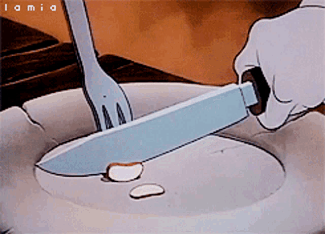 a cartoon character is holding a knife and fork over a plate that says lamia on the bottom