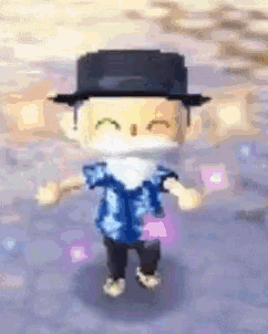 a cartoon character wearing a hat and a blue shirt is standing on a sidewalk .