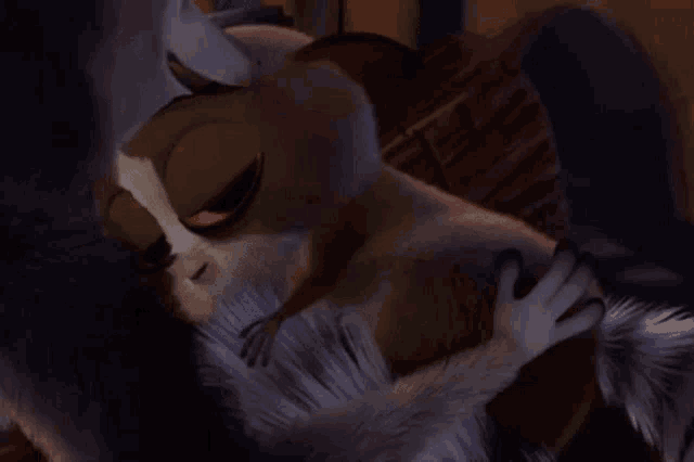 a close up of a cartoon fox scratching itself .