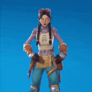 a cartoon character is standing with her arms outstretched and a blue background .