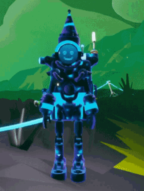 a purple robot with a blue face is standing in front of a green landscape