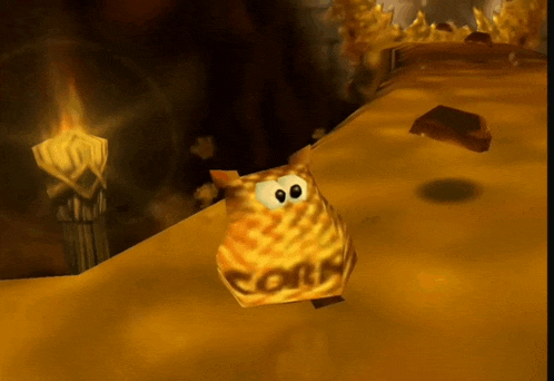 a cartoon character with the word corn on it 's face