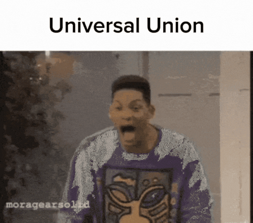 a man in a purple sweater is making a funny face with the words universal union written above him