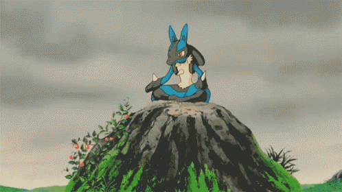 a cartoon drawing of a pokemon sitting on top of a grassy hill