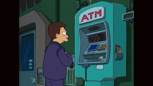 a cartoon character is standing in front of an atm