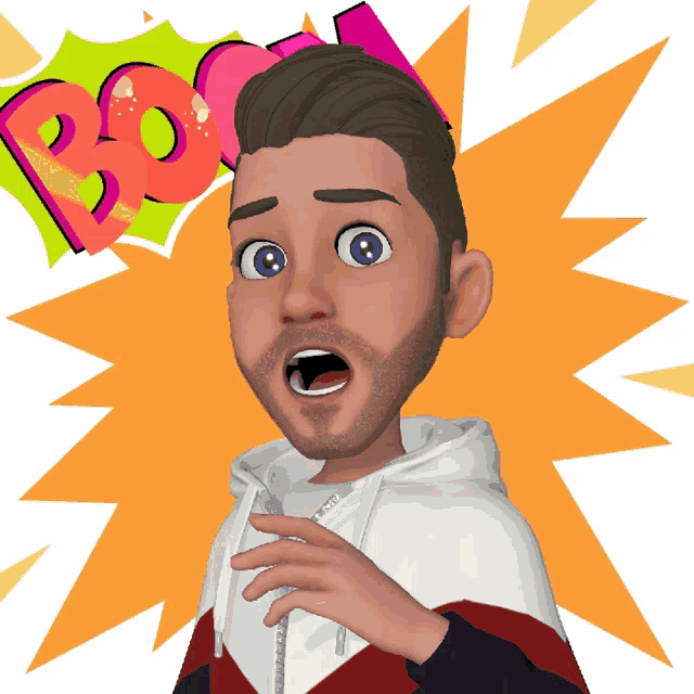 a cartoon character with a surprised look on his face and the word boo in the background