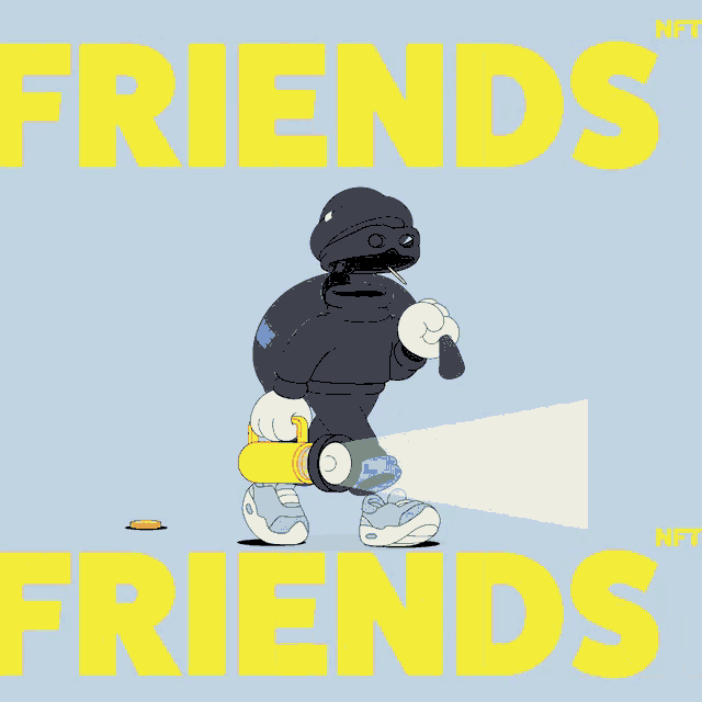 a cartoon character carrying a cooler and a baseball bat with the words friends friends above him