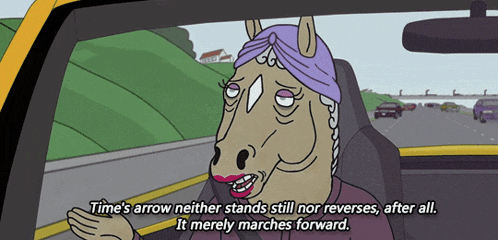 a cartoon of a horse says time 's arrow neither stands still nor reverses after all it merely marches forward