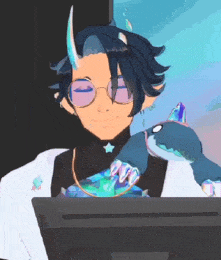 a cartoon character is sitting in front of a computer with a stuffed shark on his shoulder .