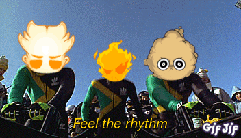 a gif of a group of cartoon characters with the words feel the rhythm