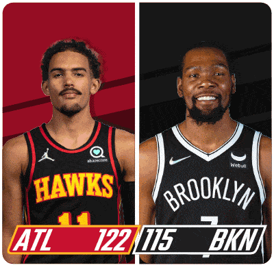 two basketball players one from the hawks and the other from the brooklyn nets pose for a picture