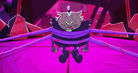 a cartoon drawing of a robot with red eyes and a purple background