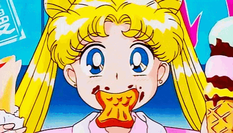 a girl in a cartoon is eating a piece of food
