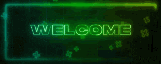 a neon sign that says welcome with green letters
