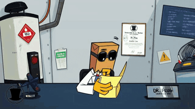 a cartoon character sitting at a desk with a sign that says " dr. plug " on it