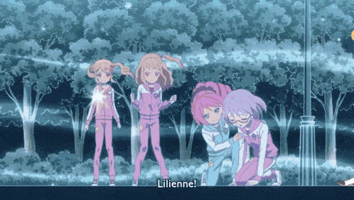a group of girls are standing in a park and one of them is kneeling down and says lilienne