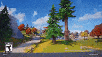 a cartoon landscape with trees and mountains in the background